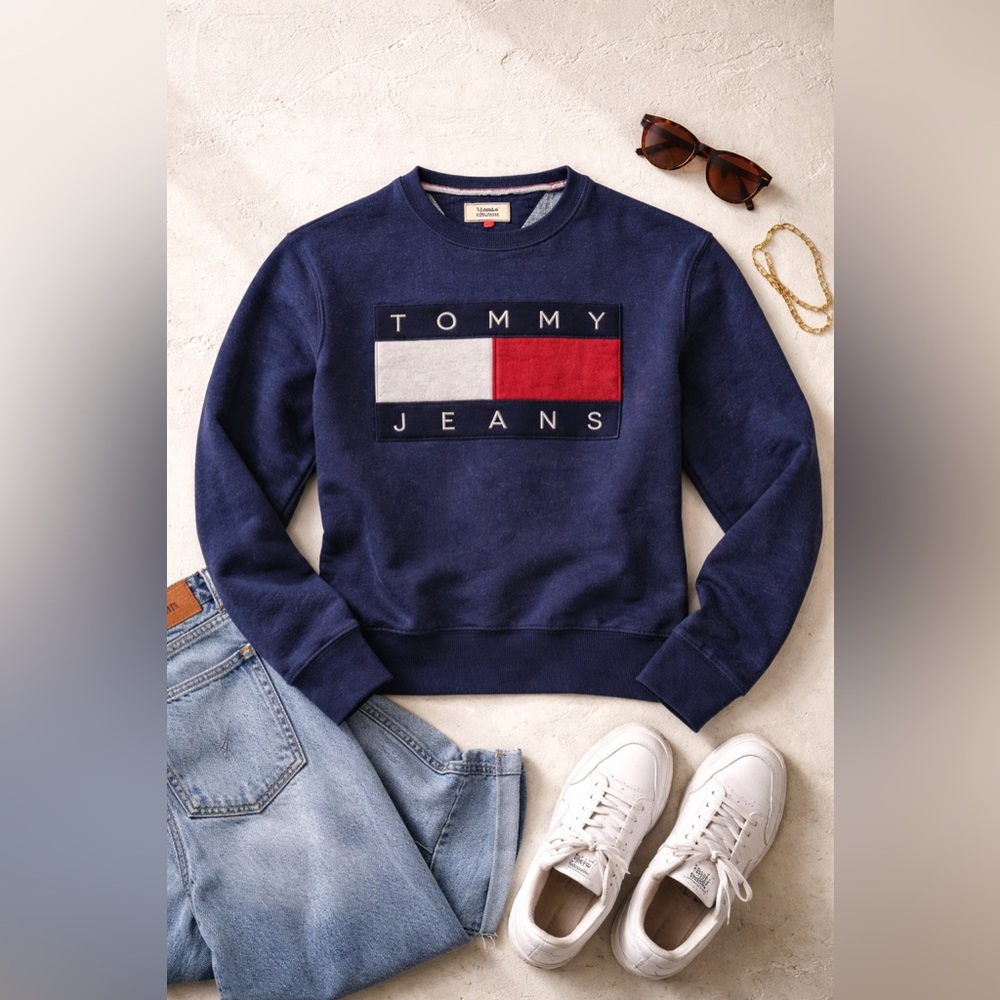 Vintage Tommy Hilfiger Flag Logo Crewneck Sweatshirt | Navy | 90s/Y2K Women’s L - Picture 1 of 9